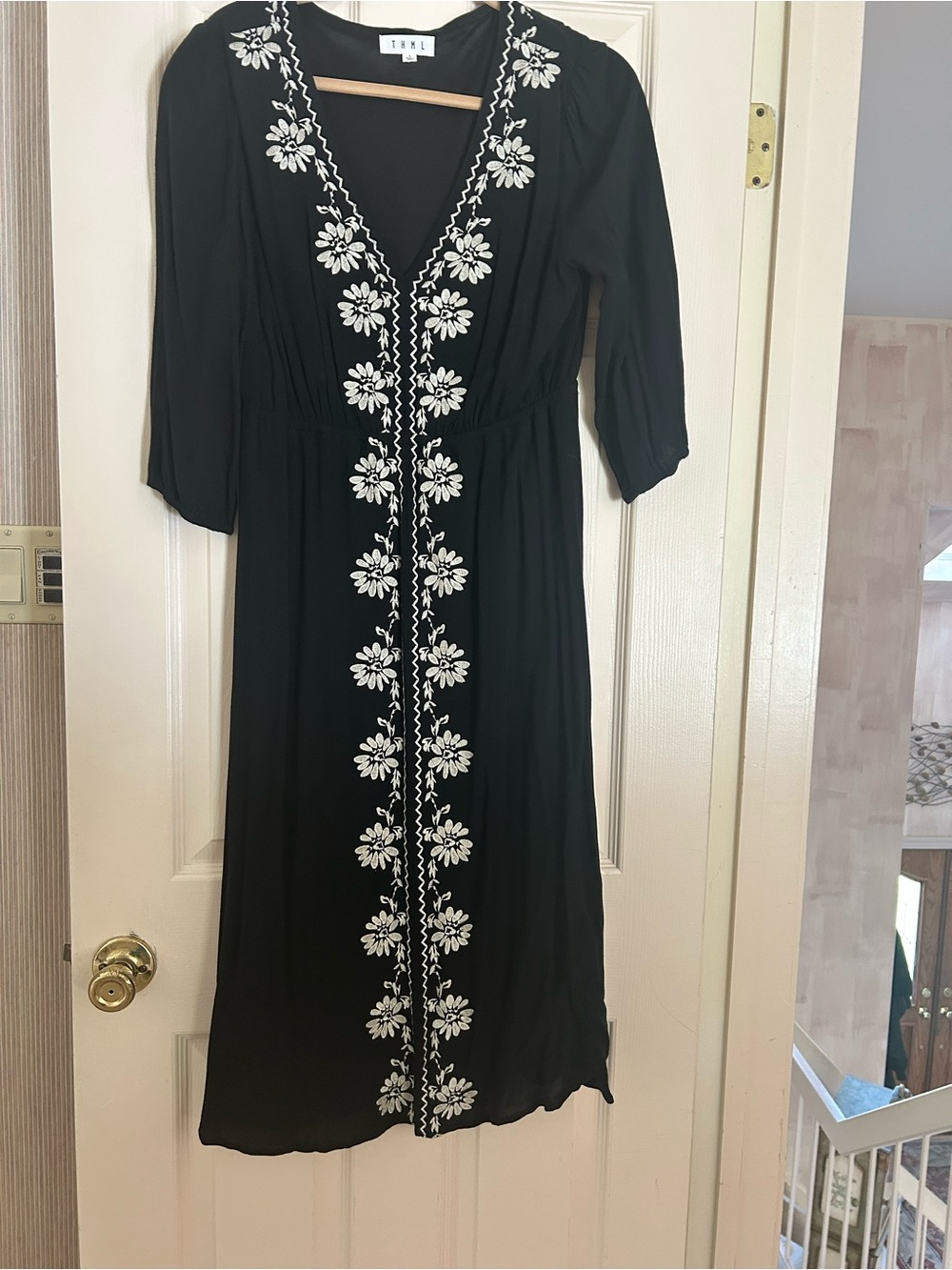 THML Black Midi Dress with White Embroidered Floral Trim